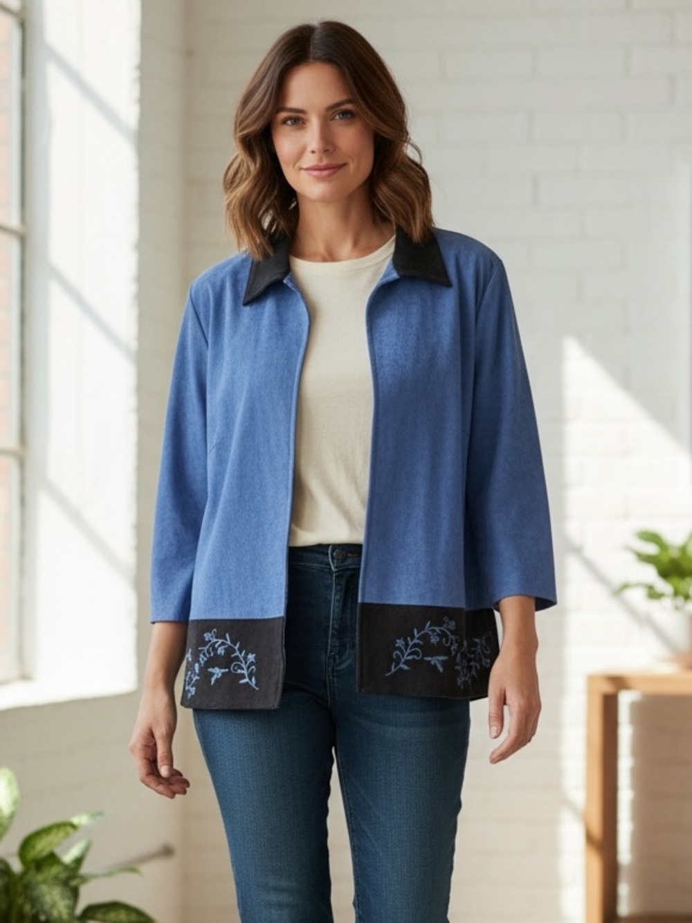 Fashion Bug Blue Open-Front Jacket with Dark Trim 16W - Picture 5 of 5